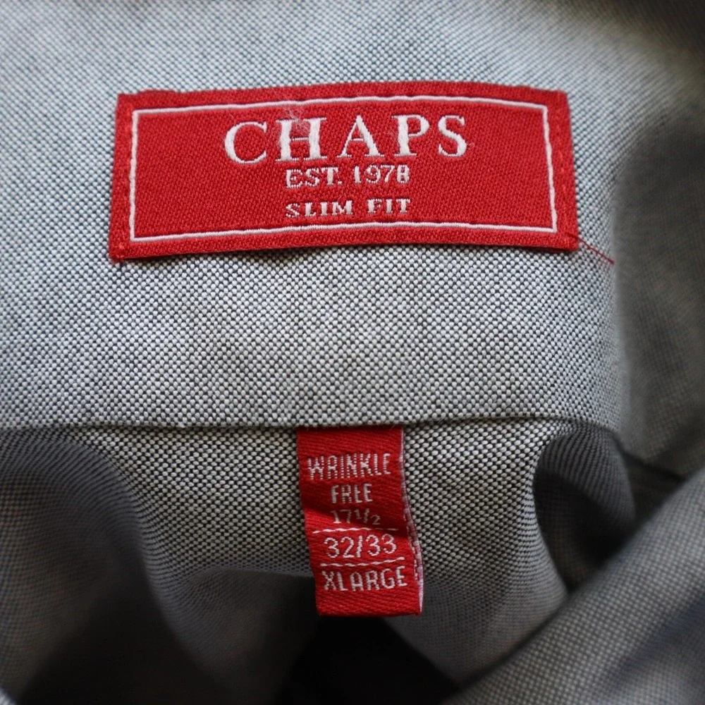 Chaps Shirt‎ Mens XL 17.5 32/33 Slim Fit Wrinkle Free Button Up Gray Long Sleeve